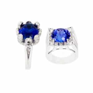 Two Different Ladies Rings with Tanzanite and Diamonds, Designer Jewellery, Isolated on White Background